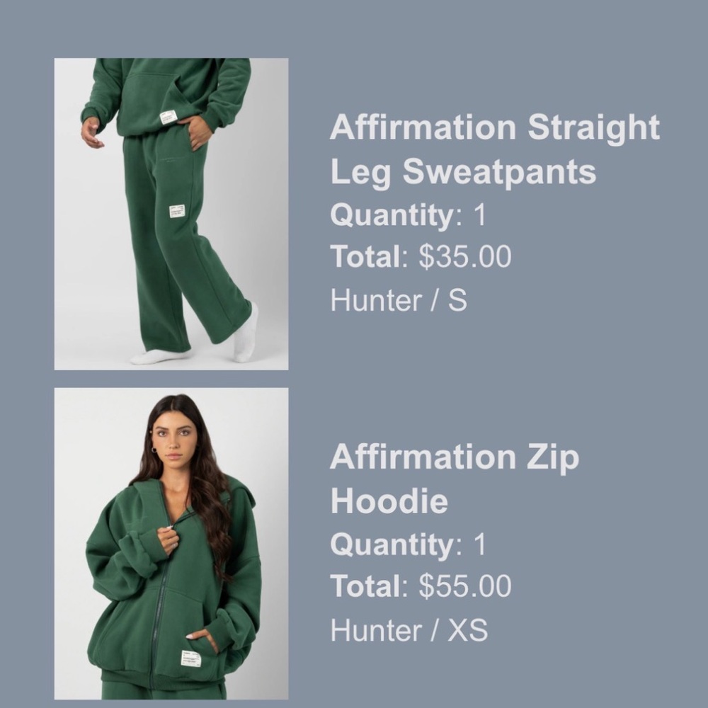 Affirmation Hunter Green Wide Leg Sweatpants and Zip up hoodie